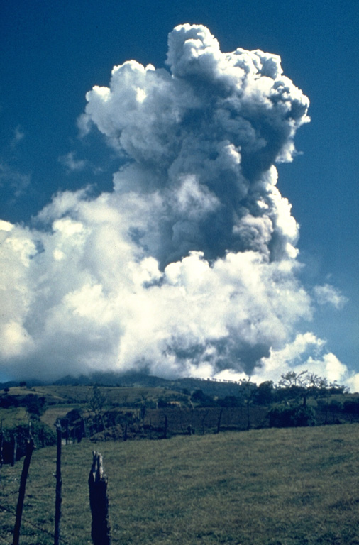 The first of several major eruptions of Irazú between 1963 and 1965 took place on 13 March 1963. These eruptions produced heavy ashfall over much of central Costa Rica, severely affecting agricultural areas and causing major economic problems. Lahars caused fatalities and destroyed hundreds of houses. Photo by Dick Stoiber, 1963 (Dartmouth College).