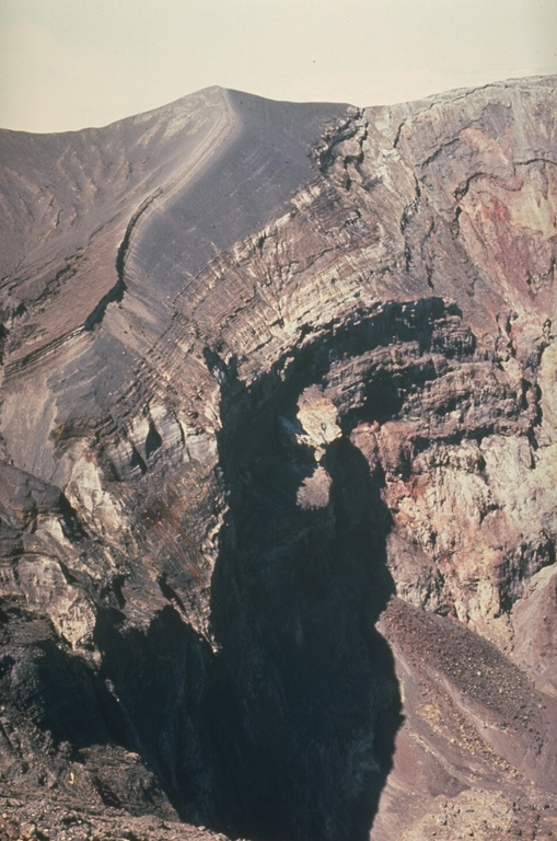 Frequent eruptions have kept the Irazú summit craters devoid of vegetation. The thick dark-gray ash and scoria units that form the crater walls were emplaced during the 1963-65 eruptions. Photo by Mike Carr, 1982 (Rutgers University).