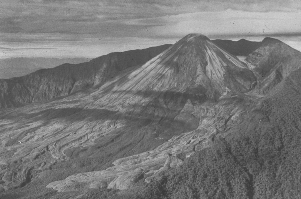 The remote and inaccessible Reventador volcano rises above the jungles of the western Amazon basin.  El Reventador, a young stratovolcano constructed within the 3-km-wide breached caldera of Volcán Reventador, is the most frequently active of a N-S chain of Ecuadorian volcanoes that lies well east of the principal volcanic axis.  Fresh-looking lava flows descending from El Reventador extend east across the caldera floor in this late-1960s photo.  Explosive eruptions during historical time have been visible from Quito.  Photo by Juan Elizalde (courtesy of Minard Hall, Escuela Politécnica Nacional, Quito).