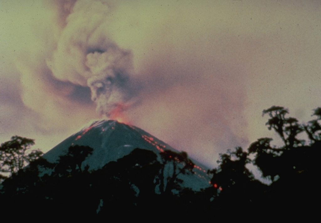 The 1976 eruption of Reventador volcano began on January 4 with explosions that sent ash west over the Amazonian jungle.  At the same time lava flows from the summit crater descended the eastern flank of the cone.  They split into several lobes and reached a length of 3 km before stopping at the end of the 3rd week of the eruption.  Pyroclastic flows began between the 2nd and 3rd weeks and continued for several months, traveling at speeds up to 135 km/hr across the caldera floor.  The eruption ended in May. Photo courtesy of Minard Hall (Escuela Politécnica Nacional, Quito), 1976.