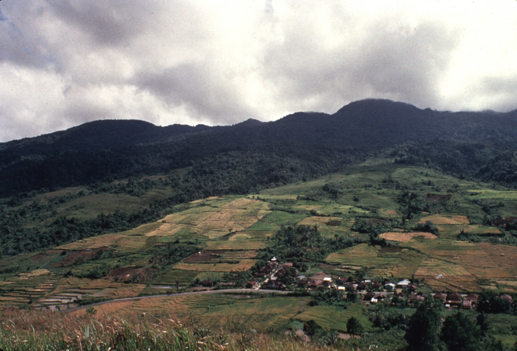 Gunung Sibualbuali, rising above agricultural land on its eastern flank, is an eroded Pleistocene stratovolcano. Rhyolitic-dacitic lava domes erupted from fissure vents along the Toru-Asik fault to the south are late Pleistocene or possibly Holocene in age and are considered part of the Sibualbuali volcanic center. Anonymous, 1993.