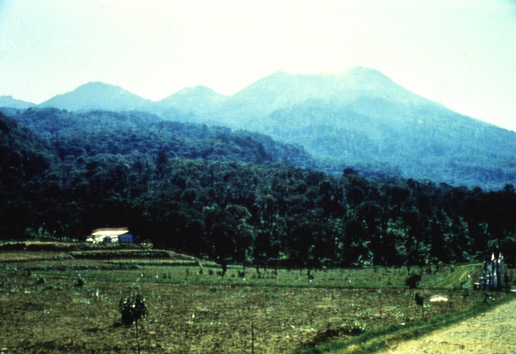 The volcanoes of Arjuno (right-center) and Welirang (left) are seen here NE of cultivated land. A line of cones have formed across the southern flank of Gunung Arjuno and extends to its eastern flank. Fumarolic areas with sulfur deposition occur at several locations on Gunung Welirang. Anonymous, date unknown.