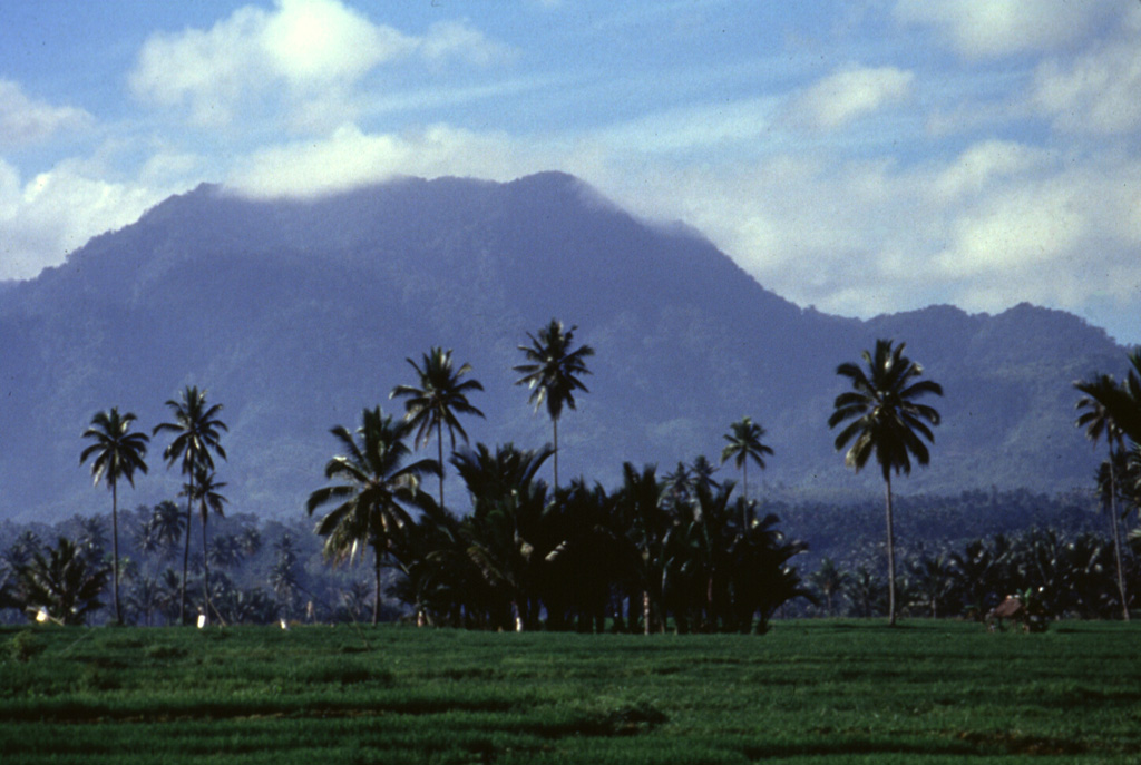 Ambang volcano, towering above farmlands below its western flank, is a large stratovolcano at the western end of a volcanic chain stretching across the northern arm of the island of Sulawesi.  The only recorded historical eruption took place during the 1840's.  Five solfatara fields occur at the summit of Gunung Ambang. Anonymous, 1996.