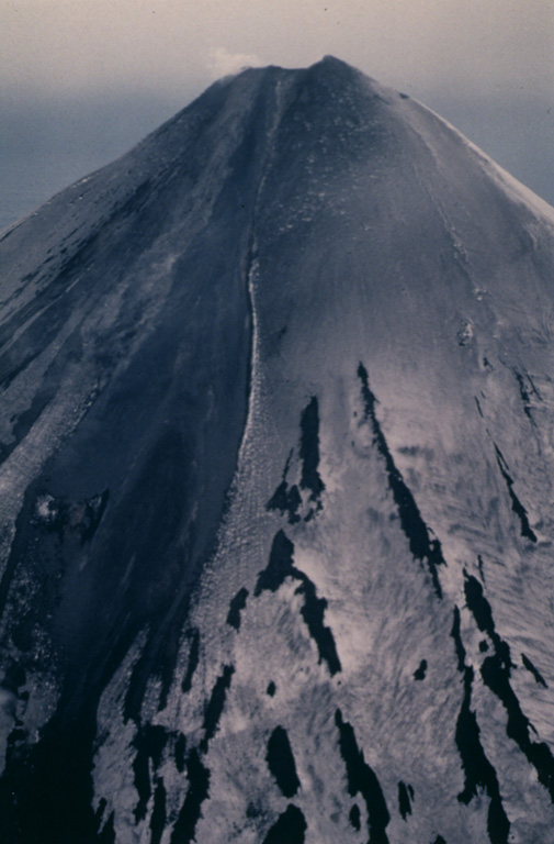 An aerial view of the Cleveland upper east flank taken at about 1100 local time on 24 June 1987 shows an active lava flow. Incandescent lava can be seen at several locations along the flow, which eventually traveled 2.5 km from the summit. The snow-covered flanks are darkened by ash deposition from an eruption that began on 19 June. Photo by Harold Wilson, 1987 (Peninsula Airways), courtesy of John Reeder (Alaska Div. Geology Geophysical Surveys).