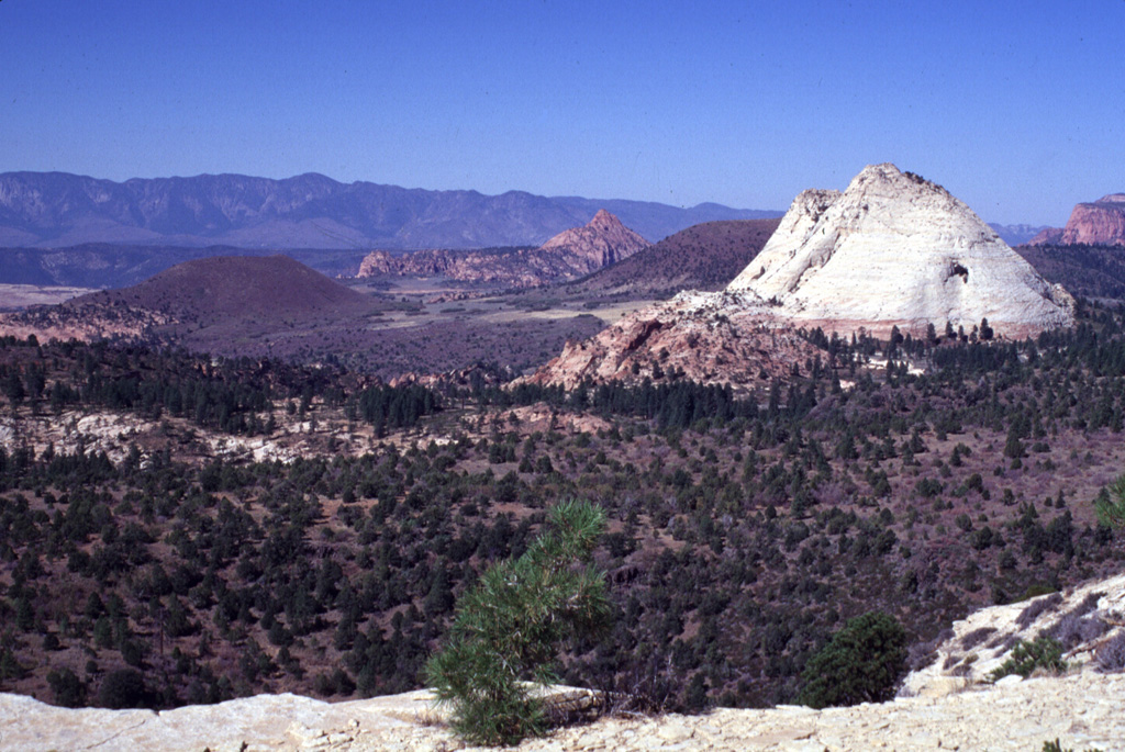 A group of cinder cones of the Kolob volcanic field were constructed on the upper Kolob Plateau in SW Zion National Park.  Spendlove Knoll (left) and Firepit Knoll (partially hidden by behind the white sandstone of Pine Valley Peak at the right) are seen here from Northgate Peaks.  Lava flows from Firepit Knoll traveled left down Lee Valley to the south.  These late-Pleistocene basaltic cinder cones form a dramatic contrast to the colorful rad and white sedimentary rocks of the Navajo Sandstone.   Photo by Lee Siebert, 1996 (Smithsonian Institution).