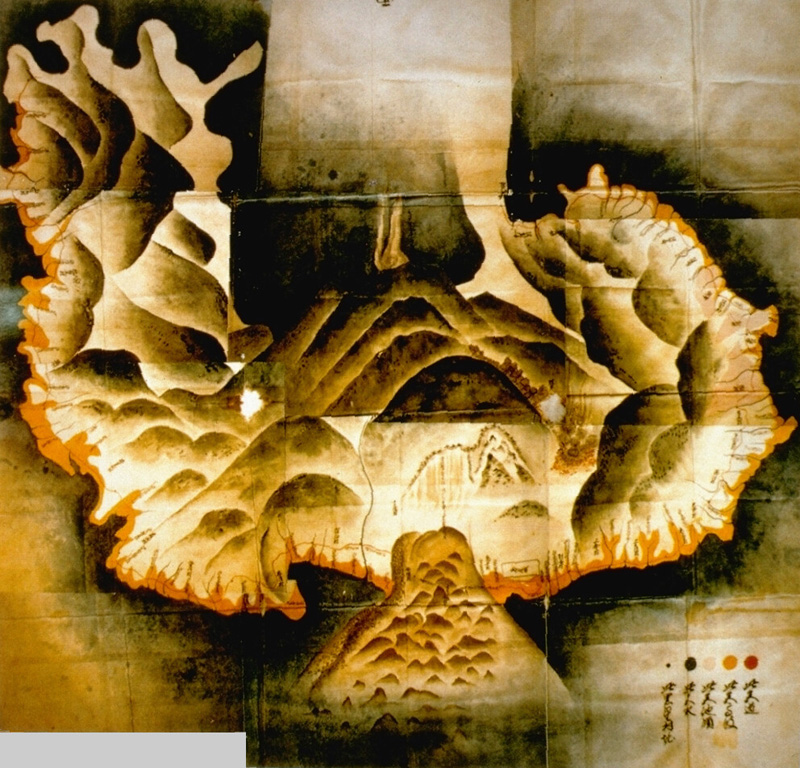 This 18th century watercolor map of Unzen volcano on the Shimabara Peninsula shows the extent of the catastrophic landslide from Mayuyama (lower center) in 1792 that swept into the Ariake Sea at the bottom of the map. The irregular orange-colored area along the coast delineates the extent of runup of the tsunami that was created when the avalanche entered the sea. The tsunami swept a 77-km length of the peninsula and caused nearly 15,000 fatalities here and along the coastlines. Map from Shimabara City Honko temple (published in Miyachi et al., 1987).