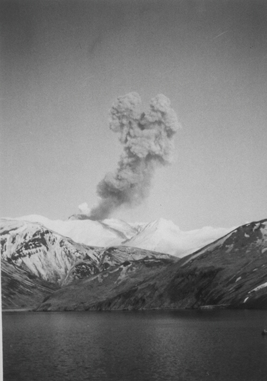 An ash plume rises about 1.5 km above the scoria cone in the Akutan summit caldera on 20 April 1988. This view from Akutan Harbor east of the volcano shows typical explosive activity. Intermittent ash eruptions began on 26 March and continued until 20 July. Photo by Charlotte Jones, 1988 (courtesy of John Reeder, Alaska Div. Geology & Geophysical Surveys).