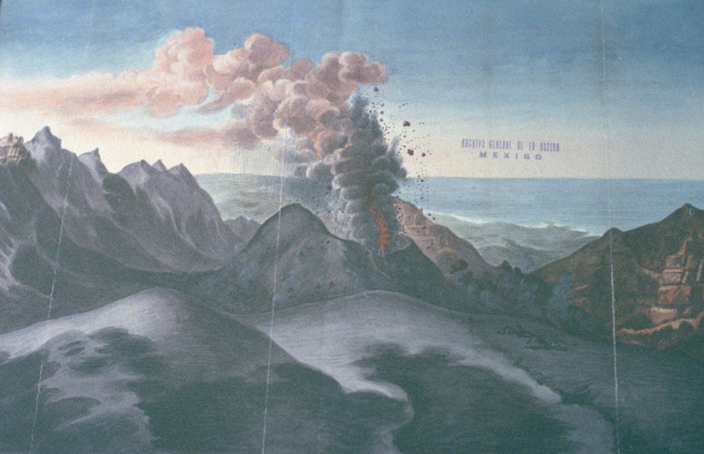A large eruption of San Martín Tuxtla volcano took place in 1793. This drawing shows Strombolian explosions ejecting ash and incandescent bombs from a cone within the summit crater, with the Gulf of Mexico in the background. The eruption began on 2 March and lasted until December. Periodic strong eruptions occurred from two scoria cones that grew within the 1-km-wide summit crater. Lava flowed through a notch in the rim of the summit crater for 3.5 km down the northern flank. Drawing from Archivo General de la Nación (México), courtesy of Larry Feldman.