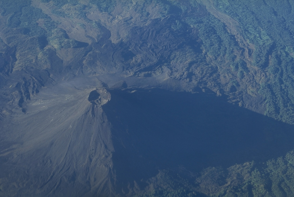 This aerial view shows Izalco with south at the top of the photo. The cone was constructed during frequent eruptions over a two-century period beginning in 1770. Strombolian eruptions from the summit crater were sometimes accompanied by lava flows that traveled down the flank to the south, extending as far as 7 km from the summit. Copyrighted photo by Stephen O'Meara.