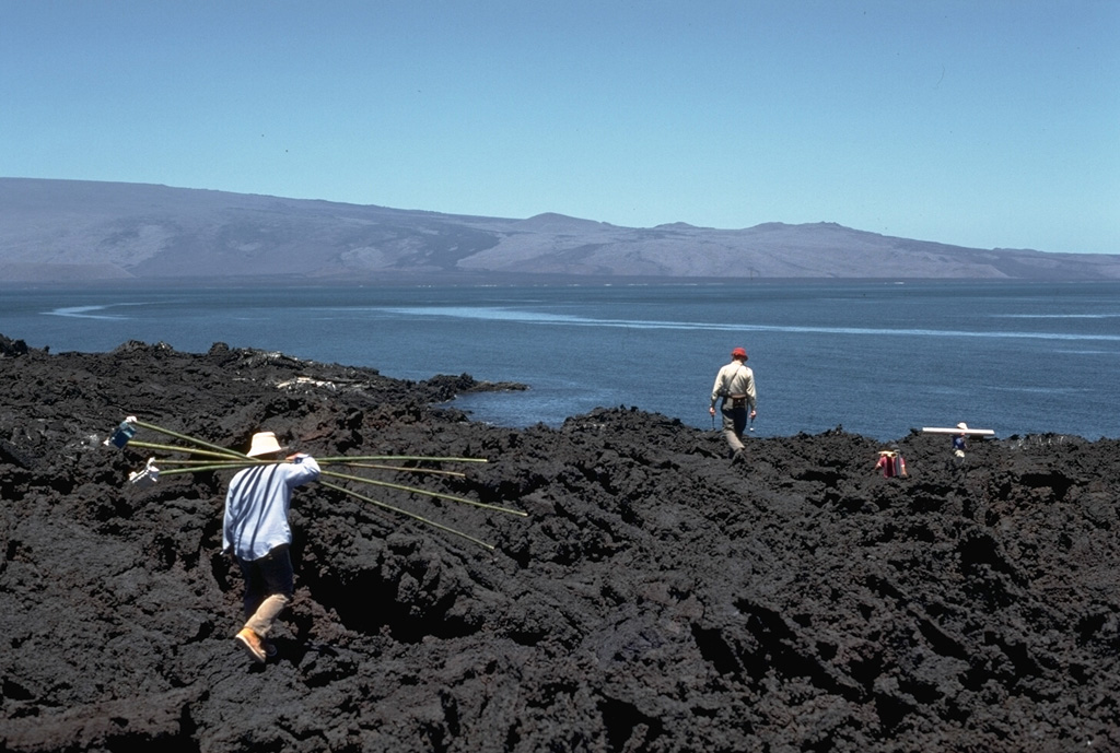 The smooth flank of Darwin shield volcano, seen here from the east coast of Fernandina Island, is modified by a cluster of tuff cones near the SW base of the volcano.  The Tagus and Beagle tuff cones (right center horizon) were formed by phreatomagmatic eruptions along the SW coast of Darwin.  Fresh black lava flows erupted from fissures on the flanks of Darwin volcano descend to the sea on both sides of the tuff-cone complex.  Photo by Lee Siebert, 1978 (Smithsonian Institution).