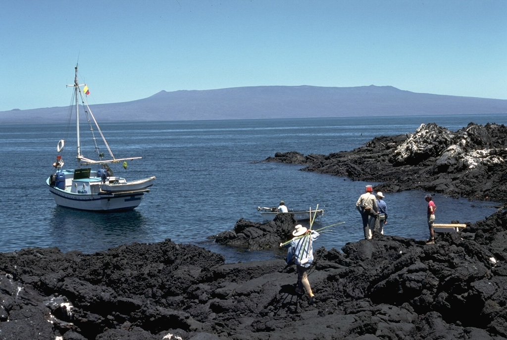 Alcedo is one of the lowest and smallest of six shield volcanoes on Isabela Island. Seen here from the coast of Fernandina Island to its west, Alcedo has a 7-8 km wide summit caldera. Most of the flanks and summit caldera are vegetated, but young lava flows are prominent on the N flank near the saddle with Darwin volcano. Alcedo is the only Galápagos volcano known to have erupted rhyolite as well as basalt.  Photo by Lee Siebert, 1978 (Smithsonian Institution).