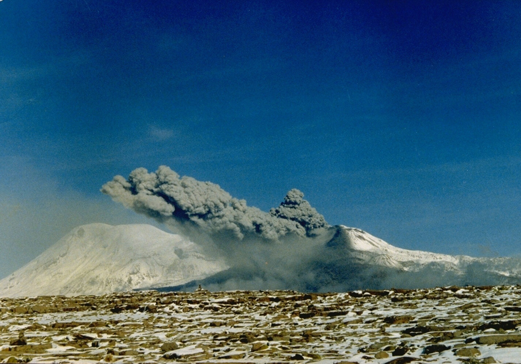 An explosive eruption from Sabancaya volcano is viewed from the east on June 9, 1990.  Explosive activity, which had begun on May 28, 1990, was continuing in 1995.  Sabancaya volcano was constructed on the saddle between Ampato (left) and Hualca Hualca volcanoes.  Ashfall from Sabancaya in 1991, which accumulated on Hualca Hualca, caused increased melting of glaciers that produced mudflows down the Majes river drainage north of the volcano.    Photo by Ch. Pattry, 1990 (courtesy of Alberto Parodi I.)