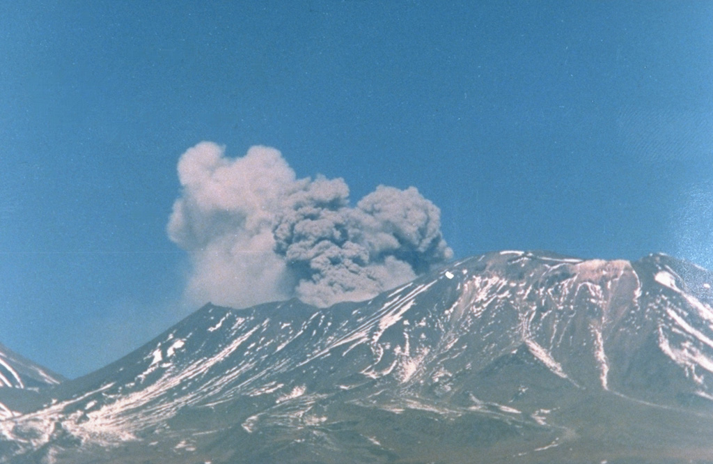 A brownish, ash-laden plume rises a few hundred m above Láscar volcano at about 1430 hrs on September 14, 1986.  The plume, seen here from Toconao, 33 km NW, preceded much larger explosions on September 16.  The saddle between Láscar and Aguas Calientes volcano is at the far left.  Photo by Paul King, MINSAL Corporation, 1986 (courtesy of Peter Francis, Open University).