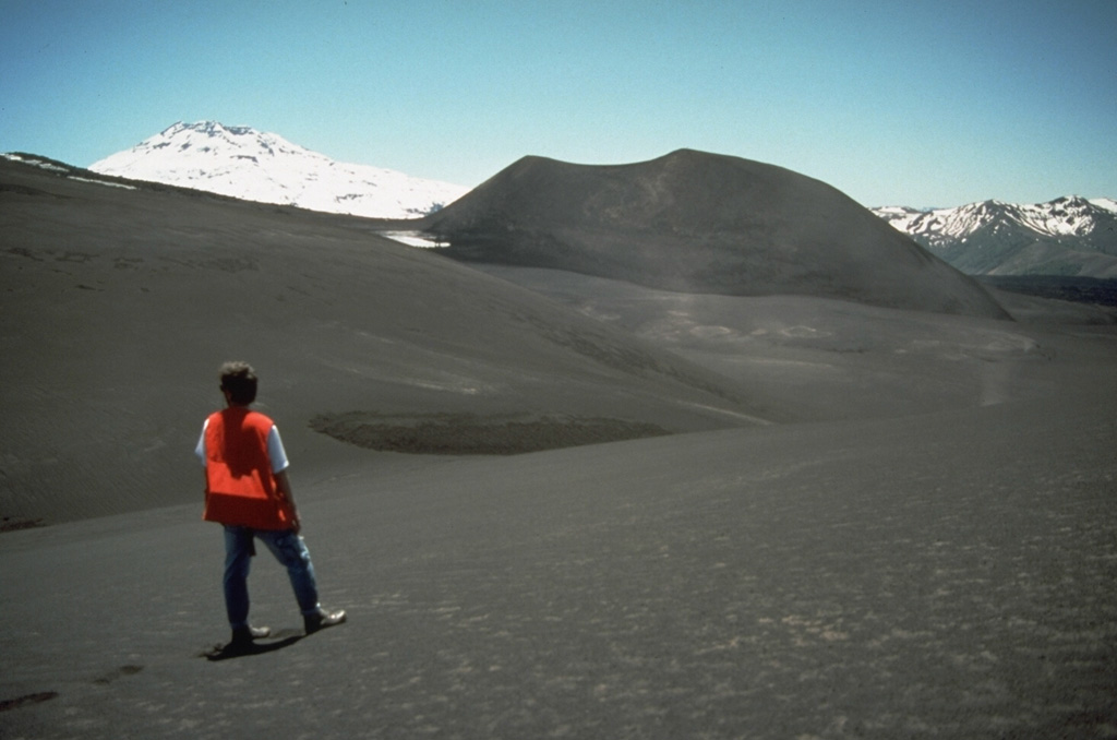 Tolguaca volcano, the snow-capped peak at the left, is a late-Pleistocene to Holocene stratovolcano located immediately NW of Lonquimay volcano.  The cinder cone at the right in this view from the SE is the Navidad cone on the NE flank of Lonquimay, which formed during an eruption in 1989.  The 2806-m-high Tolguaca is older than its neighbor Lonquimay.  It is dissected by glaciers and only fumarolic activity has occurred during historical time.  Flank vents are oriented NW-SE, in line with Lonquimay, and SW-NE-trending vents occur on the south flank. Photo by Norm Banks, 1990 (U.S. Geological Survey).