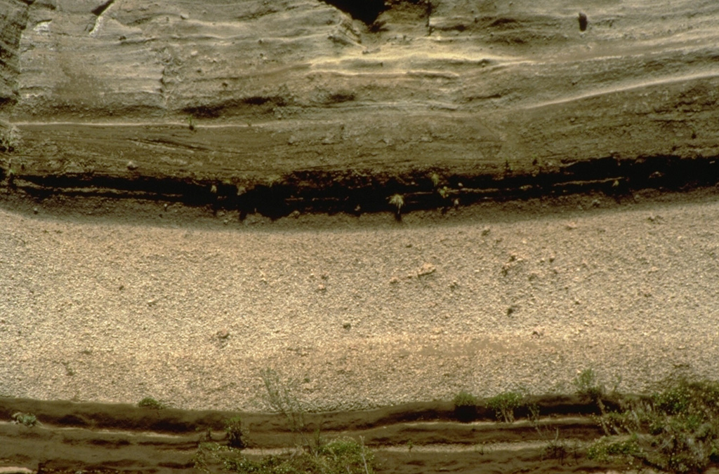 The light-colored layer at the bottom of the photo is a plinian pumice-fall deposit from Llaima volcano that has been radiocarbon dated at about 8800 year ago.  The deposit is 4-m thick at this location, on the Río Trufultruful, 12 km SE of the summit.  The dacitic pumice is the most silicic eruptive product known from Llaima and marks the largest known eruption of the volcano during the Holocene.  The darker, laminated layers above the pumice deposit are 6-8 m thick pyroclastic-surge deposits from the same eruption. Photo by Norm Banks, 1990 (U.S. Geological Survey).