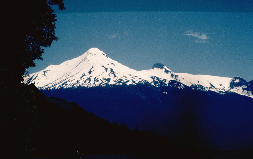 Volcán Yate is an upper Pleistocene, glacially dissected stratovolcano with Holocene parasitic vents.  Little is known of the eruptive history of this isolated volcano, which is located SW of the mouth of the Puelo River on the Relancaví strait, NNE of neighboring Hornopirén volcano. Photo by John Davidson, University of Michigan (courtesy of Hugo Moreno, University of Chile).