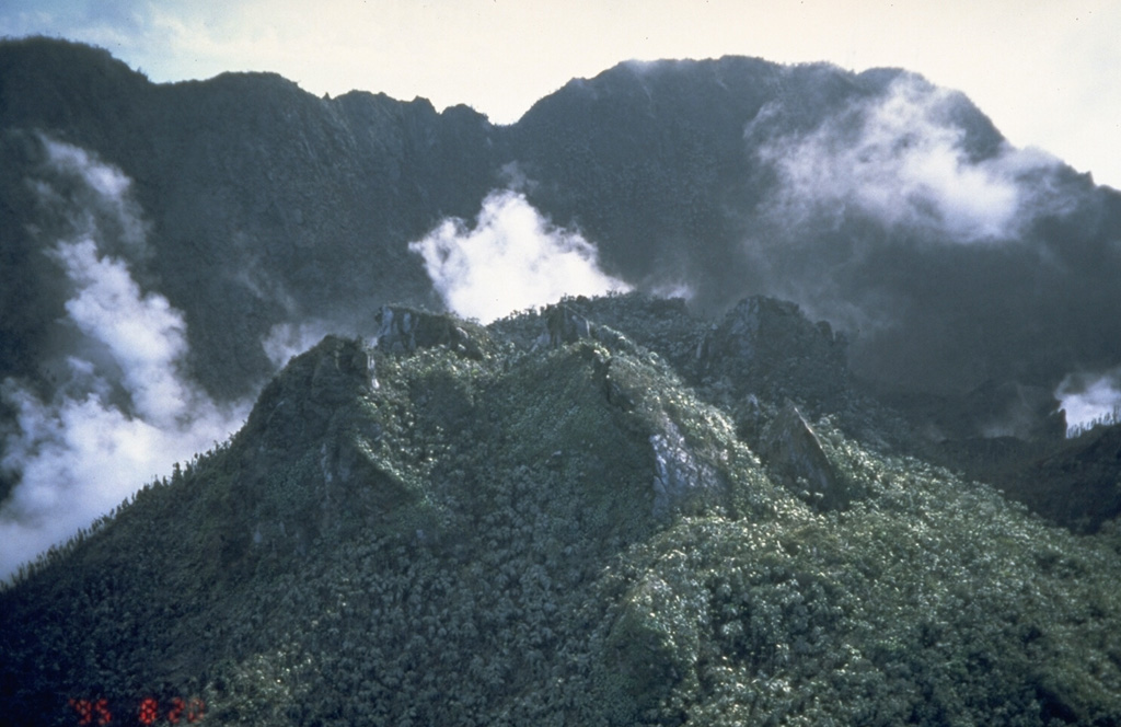 The rugged, partially forested hill in the foreground is Castle Peak lava dome, formed during an eruption of Soufrière Hills volcano about 350 years ago.  The lava dome was emplaced inside the 1-km-wide, horseshoe-shaped English's Crater, whose rim forms the ridge in the background.  This was the last known eruption of Soufrière Hills prior to the 1995 eruption.  Castle Peak is seen here from the NE on August 20, 1995.  Photo by Cynthia Gardner, 1995 (U.S. Geological Survey).