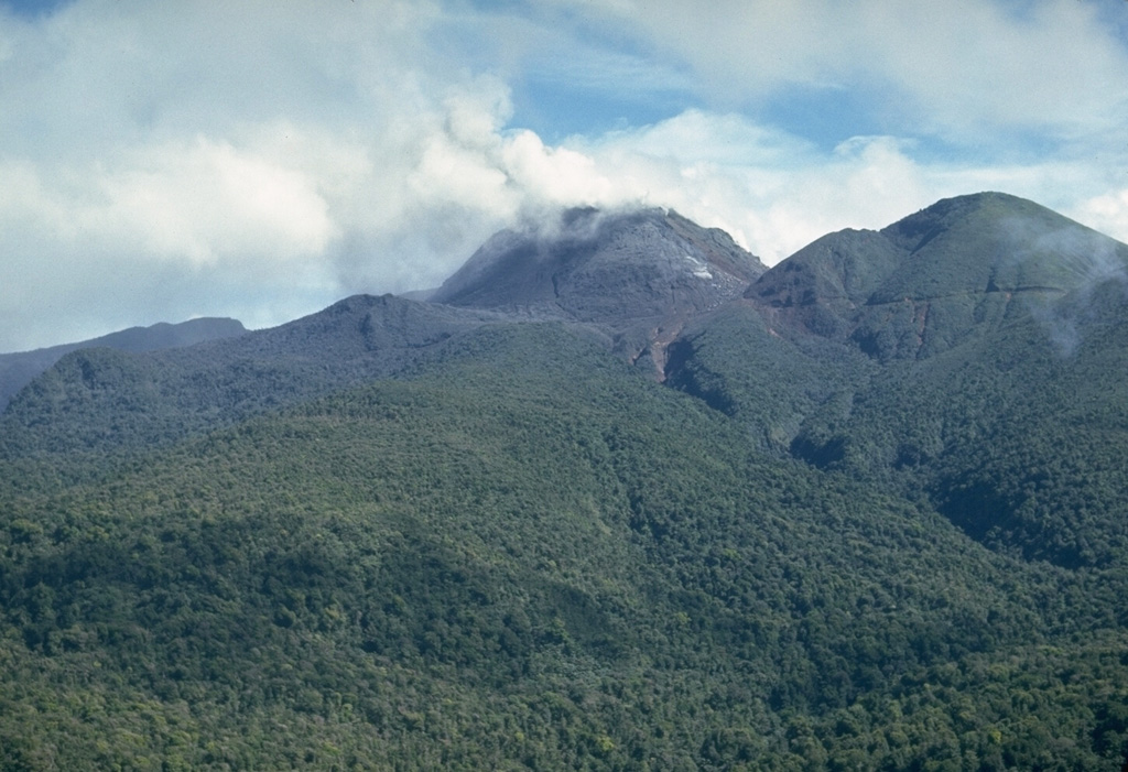 The summit dome of La Soufrière is seen in the center of this October 1976 aerial view from the SW.  The peak at the right is l'Echelle, a scoria cone that is thought to have formed about 1500-2000 years ago.  Historical eruptions from the volcano have originated from fissures cutting across the summit dome and its upper flanks. Photo by Richard Fiske, 1976 (Smithsonian Institution).