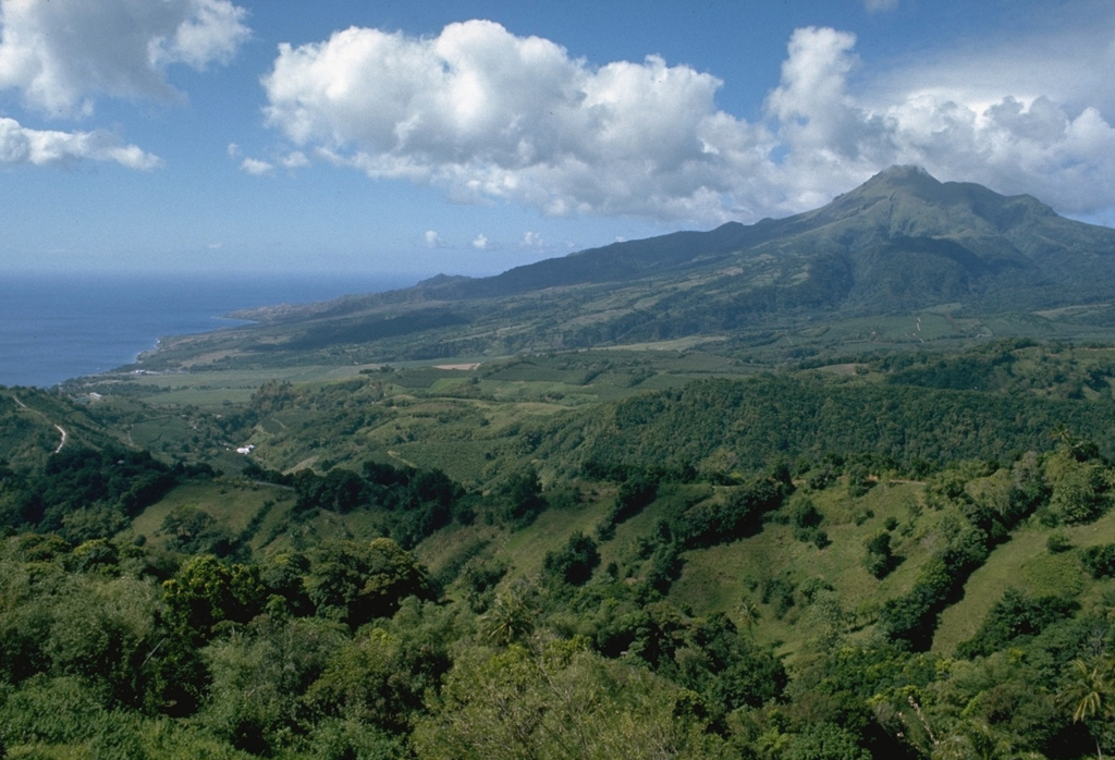 Mount Pelée towers above the city of St. Pierre (on the coast at the left), which the volcano destroyed during a catastrophic eruption in 1902.  Pelée is the most active volcano of the Lesser Antilles arc, with more than 20 major eruptions during the past 5000 years.  The modern volcano was constructed on the rim of a large SW-facing horseshoe-shaped caldera whose northern wall is the ridge in the shadow on the left horizon.  This caldera formed as a result of slope failure of the paleo-Pelée volcano.   Photo by Richard Fiske, 1977 (Smithsonian Institution).