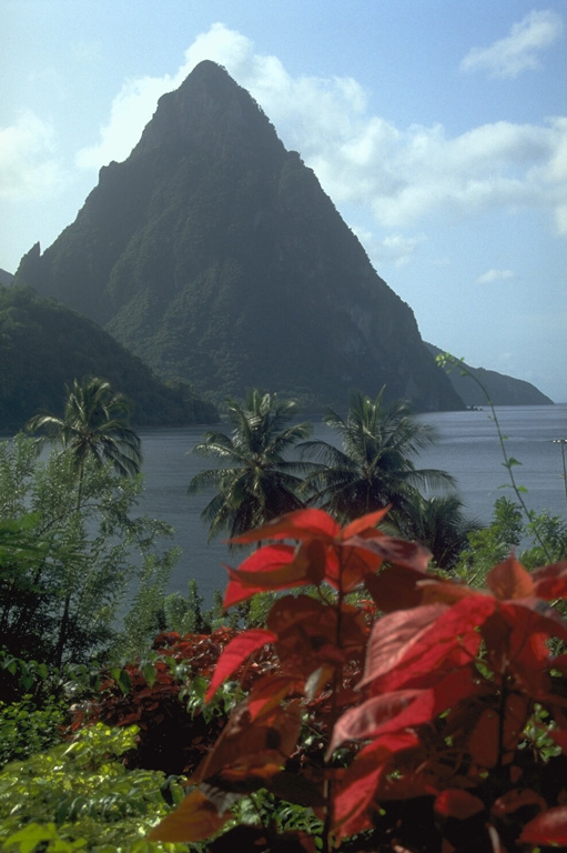 The steep-sided pyramid of the Petit Piton lava dome, the northernmost of St. Lucia's renowned Pitons, rises to the south above Soufriere Bay.  The dramatic peak is the eroded plug of a dacitic dome that was emplaced about 250,000 years ago.  The 743-m-high dome displays nearly vertical flow banding on all sides.  Emplacement of the Pitons preceded formation of the Qualibou caldera about 32-39,000 years ago. Photo by Lee Siebert, 1991 (Smithsonian Institution).