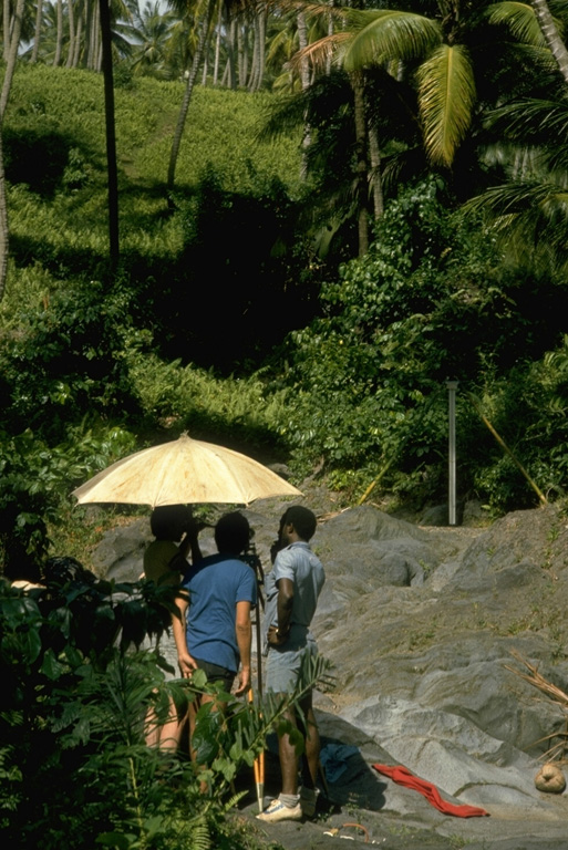 Scientists from the University of West Indies and Smithsonian Institution make precision leveling measurements on the east flank of Soufrière volcano.  The optical leveling instrument, under the umbrella for protection from the sun, is used to measure precise differences in elevation between fixed benchmarks.  Elevations are read from a stadia rod (across the dry stream bed at the right) placed on top of the benchmark.  Areas of stable bedrock flat enough to conduct measurements are difficult to find on heavily vegetated tropical volcanoes. Photo by Richard Fiske, 1977 (Smithsonian Institution).