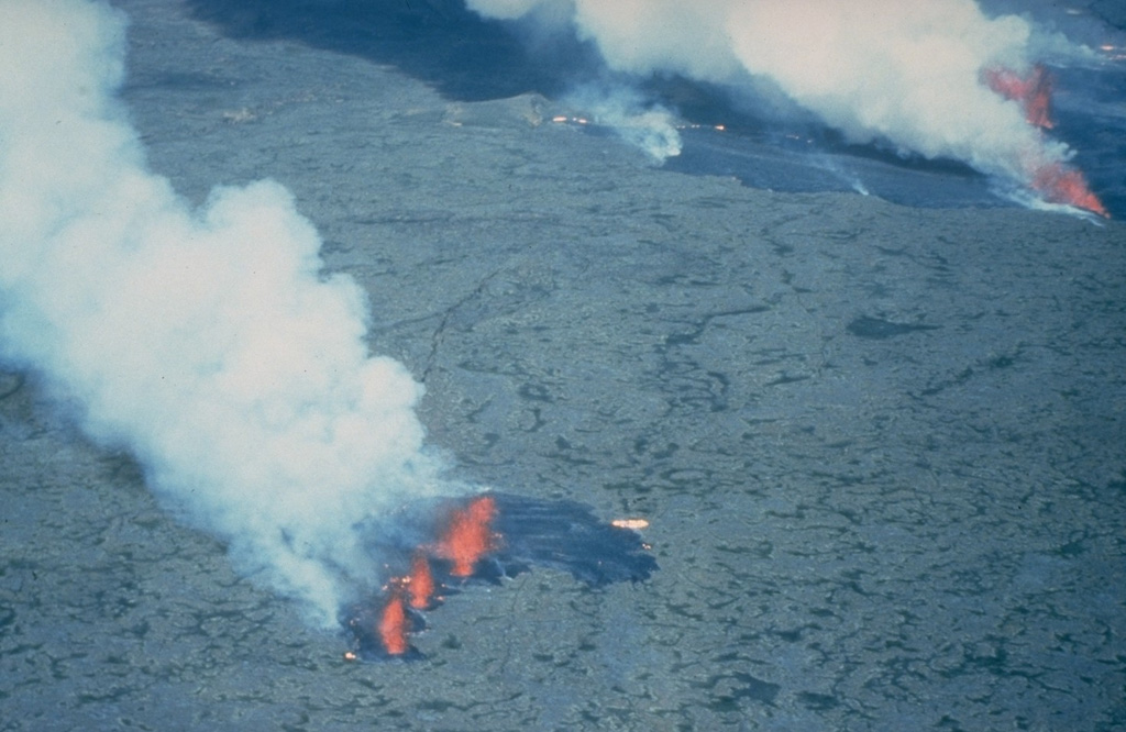The third of four eruptive periods at Krafla during 1980 began on 10 July. The July eruption was preceded by the onset of rapid inflation, which was detected by monitoring instruments of the Nordic Volcanological Institute four hours prior to the start of surface activity. This allowed planes to be in the air to take this photo only 30 seconds after the onset of the eruption. Lava fountains rise over several newly opened eruptive fissures, and dark lava flows begin to pour over lighter-colored flows from previous eruptions. Photo courtesy of Gudmundar Sigvaldason, 1980 (Nordic Volcanological Institute, Reykjavík).