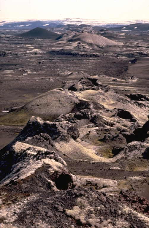 The Earth's largest known lava flow during historical time was erupted from the Lakagigar (Skaftár) fissure beginning June 8, 1783.  Eruptive activity may have occurred at Grímsvötn caldera earlier in May.  The 15 cu km Laki lavas were erupted over a 7-month period from a 27-km-long fissure system composed of 10 en-echelon fissures.  Extensive crop damage and livestock losses caused a severe famine that resulted in the decimation of 22% of the population of Iceland.  Copyrighted photo by Katia and Maurice Krafft, 1975.