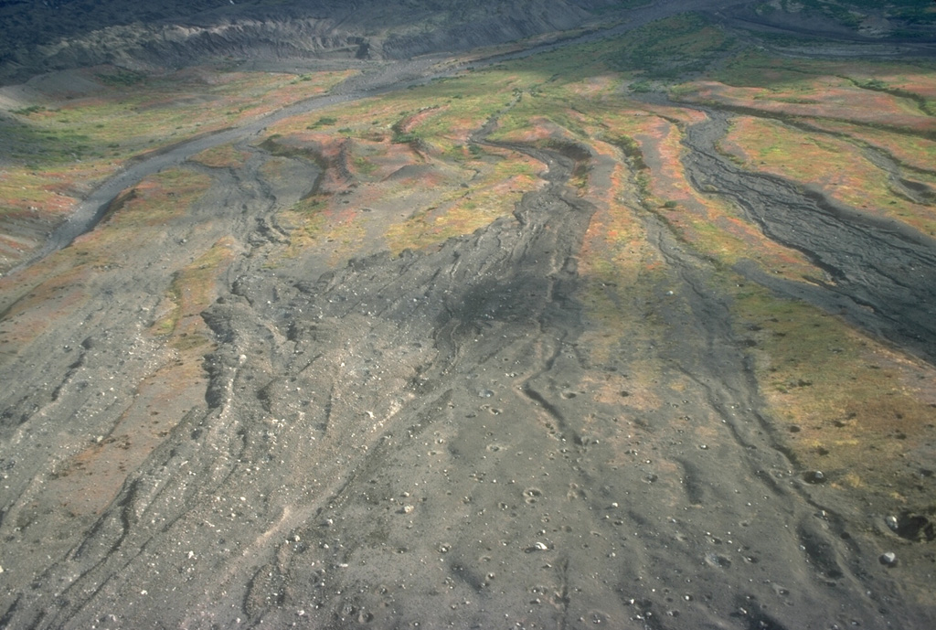 Pyroclastic flow deposits from the 18 August 1992 eruption of Crater Peak on Spurr formed overlapping lobes across the lower SE slopes. Bombs ejected during the eruption produced impact craters across the surface. Photo by Christina Neal, 1992 (Alaska Volcano Observatory, U.S. Geological Survey).