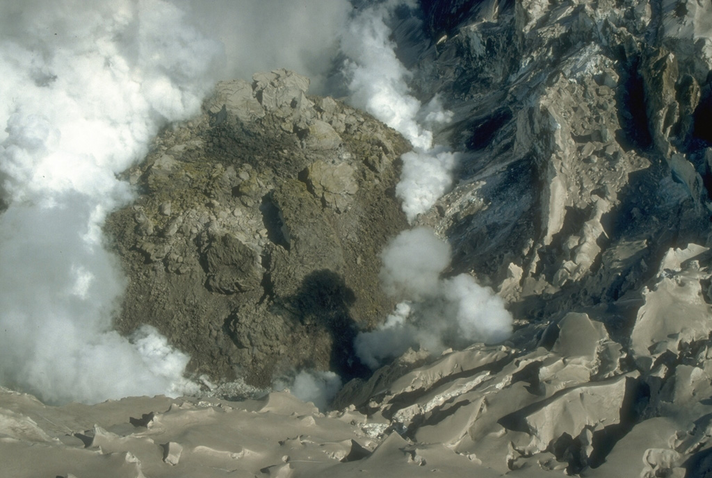 The south flank of the final lava dome in the summit crater produced during Redoubt's 1989-90 eruptions is seen here on 1 June 1990 during the waning phases of activity. A fractured lobe of blocky lava is visible at the center. Steam from interaction of meltwater with hot rock billows from the margins of the dome. Remnant glacial ice with a coating of gray ash surrounds the dome. Photo by Cynthia Gardner, 1990 (U.S. Geological Survey).
