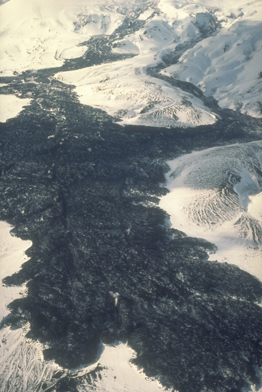 This 1992 view up the eastern flank of Westdahl was taken two months after the end of a major eruption that produced these lava flows. The eruption took place from an 8-km-long fissure that extended from the summit down the east flank and began on 29 November 1991 with a 6-km-high ash plume. The lava flow traveled as far as 7 km from the vent, widening as it reached the lower flanks. Photo by C. Dau, 1992 (U.S. Fish and Wildlife Service, courtesy of Alaska Volcano Observatory).