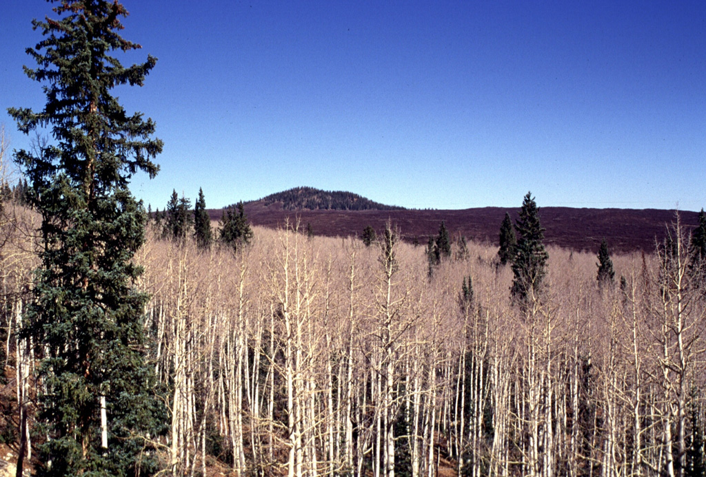 This unnamed cinder cone in the Sage Valley SE of Cedar Breaks National Monument was the source of one of the youngest lava flows in the Markagunt Plateau volcanic field in SW Utah.  Extensive blocky lava flows cover broad areas near Navajo and Panguitch lakes. Photo by Lee Siebert, 1996 (Smithsonian Institution).