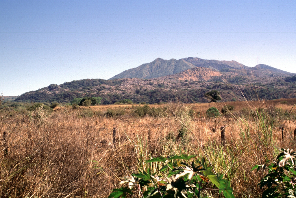 The sparsely vegetated ridge across the center of the photo is the distal margin of the Ceboruco 1870 lava flow. The 1.1 km3 lava flow originated from a vent at the western side of the nested summit calderas and traveled 6.5 km down the Arroyo de los Cuates valley to about 900 m elevation. The notch on the right-hand side of the summit ridge is the moat between the nested calderas. Photo by Lee Siebert, 1997 (Smithsonian Institution).