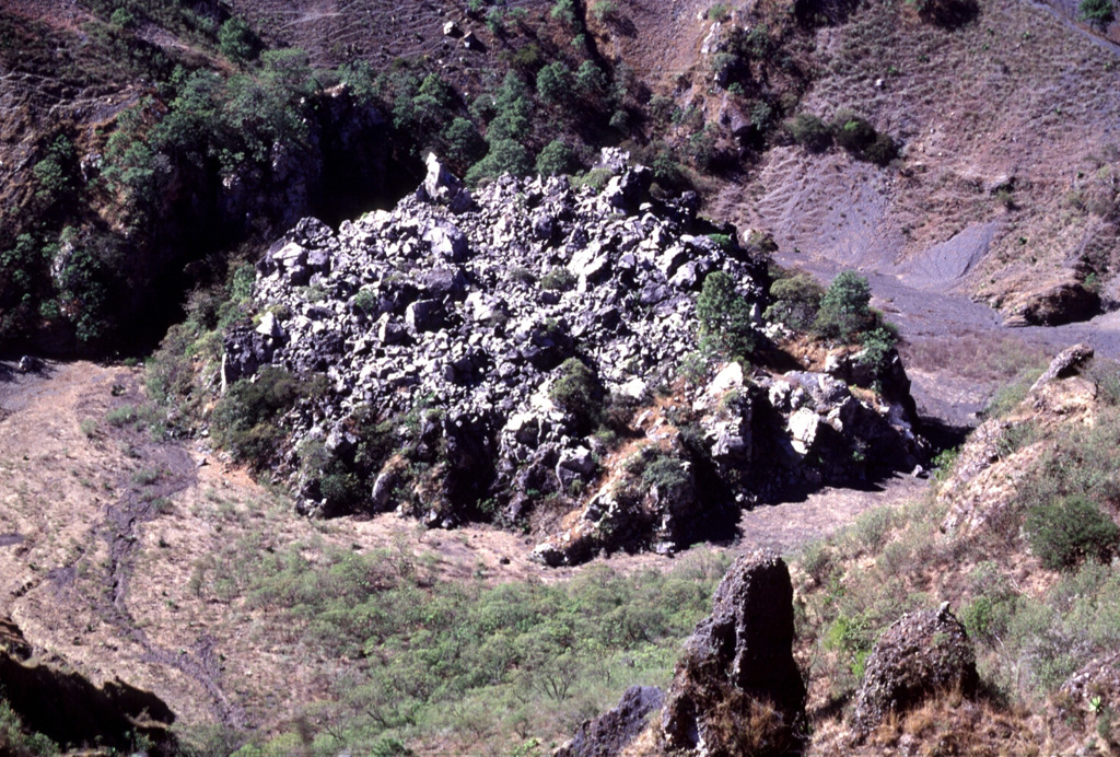 A small lava dome was extruded in the main vent of the 1870-75 eruption of Ceboruco volcano in western México. Fumaroles (not visible in this photo) with temperatures measured at about 100°C were located around the base of the dome when the photo was taken in 1997.  Photo by Lee Siebert, 1997 (Smithsonian Institution).