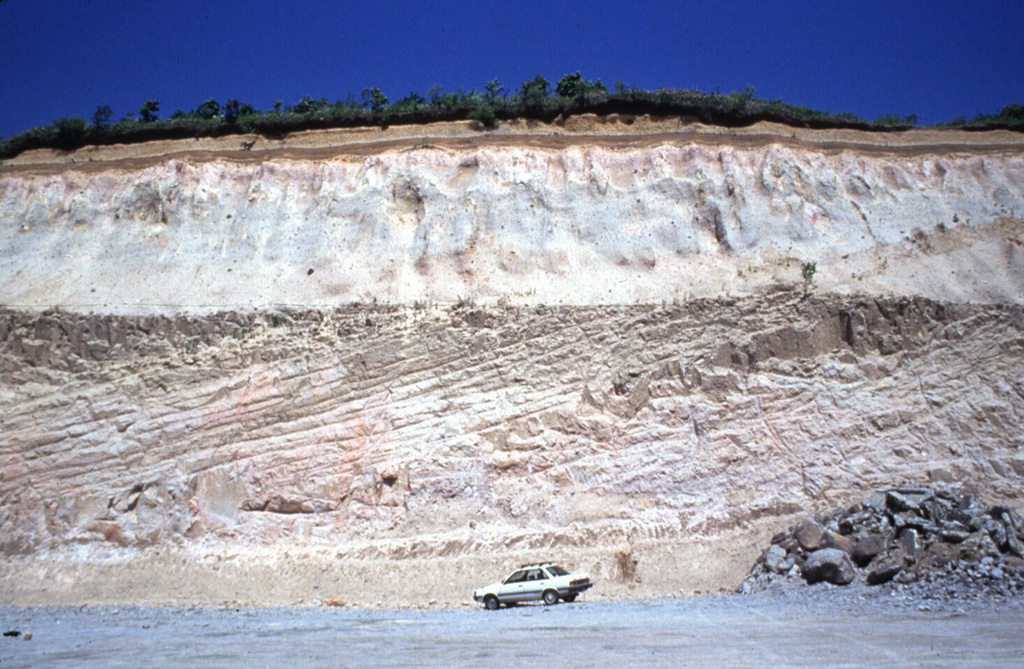 These thick pyroclastic flow deposits were produced during the major eruption that formed the 13 x 15 km Shikotsu caldera. The eruption produced 125 km3 of rhyolite tephra and pyroclastic flows. Pyroclastic flows traveled as far as 40 km, reaching the Pacific coast over a broad area. This outcrop is located 15 km ENE of the caldera. Photo by Ryuta Furukawa, 1993 (Hokkaido University).
