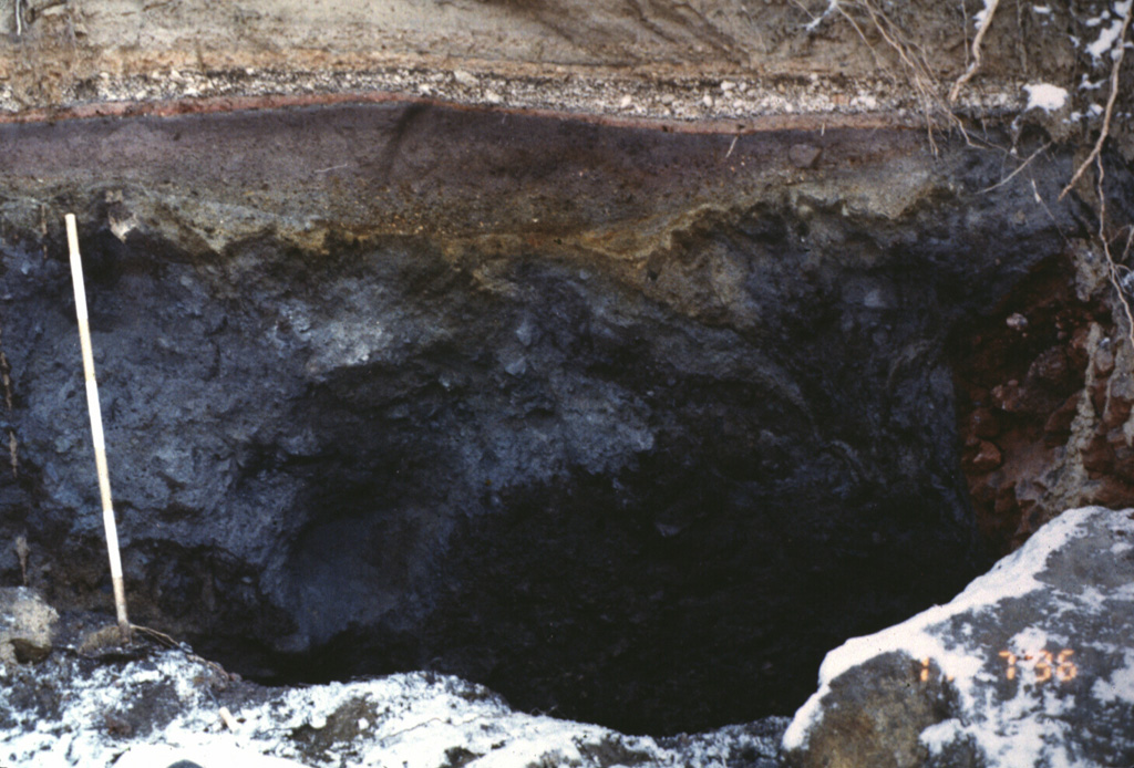 This outcrop, 5 km SW of the summit of Komagatake, shows a cross section of deposits from the 1640 eruption. The dark section at the base is a debris avalanche deposit produced by collapse of the summit. The reddish-gray section above the ruler is a blast deposit related to the collapse. The thin white unit above the blast deposit is a layer of airfall pumice, which is much thicker at other locations closer to the axis of tephra deposition. The top of the section is a pyroclastic flow deposit. Photo by Mitsuhiro Yoshimoto, 1995 (Hokkaido University).