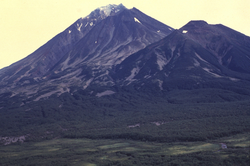 Khodutka (left), seen here from the north, formed during the late-Pleistocene to early Holocene and is SE of Priemysh, the lower peak to the right. At least 10 craters, cones, and lava domes are located along the flanks of the Khodutka complex. An eruption took place from the summit vent about 2,000-2,500 years ago and the Khodutka Springs geothermal field occupies a crater on the NW flank. Photo by Nikolai Smelov, 1996 (courtesy of Vera Ponomareva, Institute of Volcanic Geology and Geochemistry, Petropavlovsk).