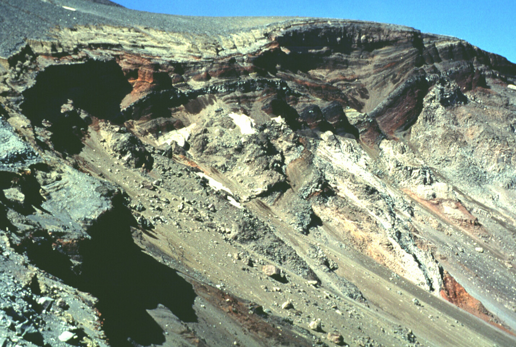 A 1-km-wide maar was formed in 1901 on the NE flank of Iliinsky. The northern wall of the crater exposes areas of light-colored hydrothermally altered rocks at the base that are surrounded by talus deposits. The darker bedded layers above this are tephra fall deposits of ash and scoria from earlier eruptions of Iliinsky. The light-colored layers (upper left) on the rim of the crater are tephra fall and pyroclastic surge deposits. Photo by Nikolai Smelov, 1996 (courtesy of Vera Ponomareva, Institute of Volcanic Geology and Geochemistry, Petropavlovsk).