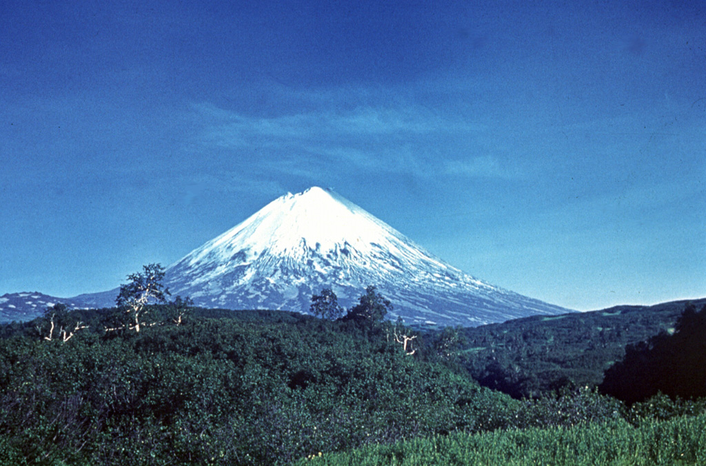 Klyuchevskoy volcano has had more than 100 flank eruptions during the past 3,000 years. The conical stratovolcano is one of the youngest and largest of Kamchatka's volcanoes, having produced 300 km3 of material since the early Holocene. Photo by Vera Ponomareva, 1976 (Institute of Volcanic Geology and Geochemistry, Petropavlovsk).