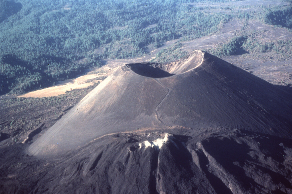 By the end of the 9-year-long eruption of Parícutin, the new scoria cone had risen 424 m above the surface of the original cornfield. The 900-m-wide oval-shaped cone is elongated in a NW-SE direction and is truncated by a circular 280-m-wide crater. The western peak (right) is the highest point on the crater rim. The NE-flank peak of Nuevo Juatita is in the foreground with its top covered by white minerals from fumaroles, and was the main source of lava flows during the last five years of the eruption. Photo by Jim Luhr, 1997 (Smithsonian Institution).