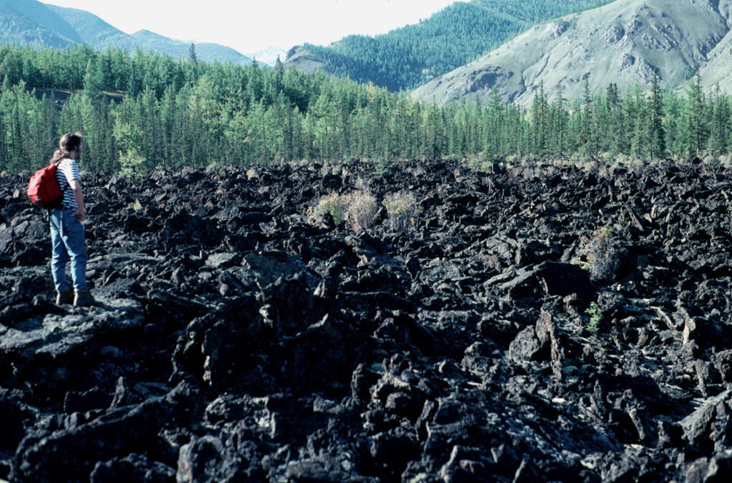 The rugged surface of the Jom-Bolok lava flow fills the valley of the Oka River. The massive Holocene lava flow traveled 70 km from its source, a scoria cone of the Jom-Bolok volcanic field near the Oka Plateau west of Lake Baikal. Photo by Jim Luhr, 1991 (Smithsonian Institution).