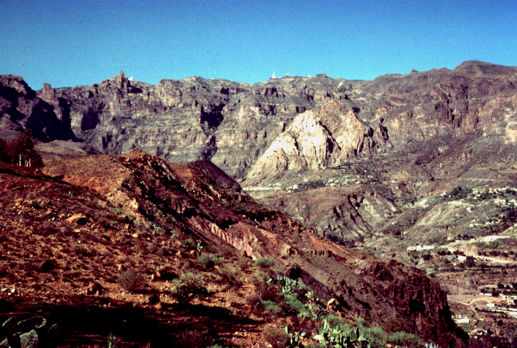 The largely Miocene and Pliocene island of Gran Canaria in the middle of the Canary archipelago has been strongly eroded into steep-walled radial gorges called barrancos.  Three major volcanic structures form the circular, arid island.  Very young basaltic cones and lava flows of Holocene age are situated within a NW-trending zone cutting across the island; the youngest of these may be less than 1000 years old. Copyrighted photo by Katia and Maurice Krafft, 1977.