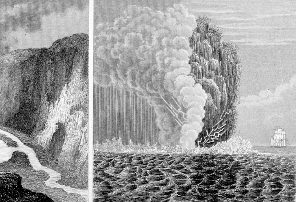 This 19th-century sketch shows a submarine eruption during 1811 off the western coast of Sao Miguel Island in the Azores.  Lightning flashes appear at the base of the eruption column, which consists of both a light-colored steam cloud and a darker, ash-laden eruption plume.  Explosive eruptions took place February 1-8 and June 16-22, 1811 from the submarine vent.  The June eruptions formed an ephemeral island named Sabrina that at its peak stage of growth was 2-km long and 90-m high. From the collection of Maurice and Katia Krafft.