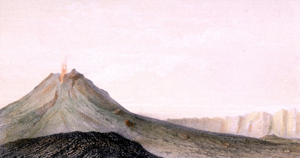 The steep-sided Pico stratovolcano is the most prominent feature within a large 9-km-wide caldera that is breached to the east.  Cha caldera, whose rim appears at the right, is located asymmetrically NE of the center of the Cape Verde island of Fogo.  Pico is capped by a 500-m-wide, 150-m-deep summit crater.  Pico was apparently in almost continuous activity from the time of Portuguese settlement in 1500 CE until around 1760.  Later historical lava flows, some from vents on the caldera floor, reached the eastern coast.  From the collection of Maurice and Katia Krafft.