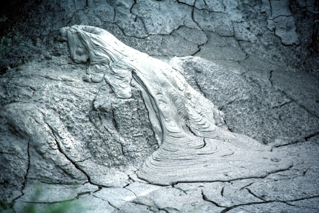 Mud extruding from a small vent in a geothermal area of the Rotorua caldera resembles a lava flow with the flow ridges perpendicular to the direction of movement. Desiccation cracks cut the surface of the older surrounding mud. Photo by Tom Simkin, 1986 (Smithsonian Institution).