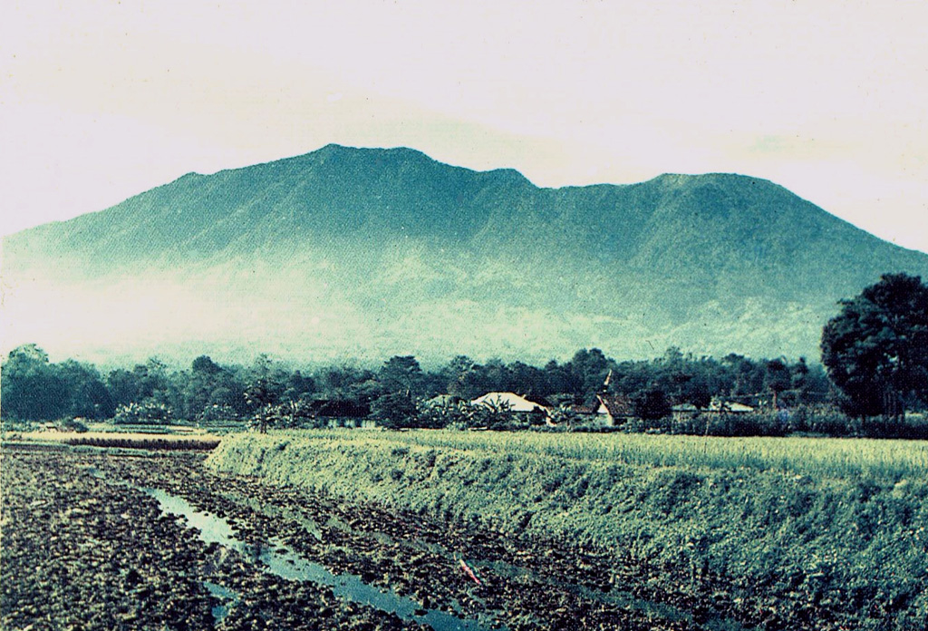 Marapi above rice fields below its western flank between Bukittinggi and Kotabaru, is Sumatra's most active volcano. More than 50 small-to-moderate explosive eruptions have occurred since the end of the 18th century. Marapi, not to be confused with the more well-known Merapi volcano on Java, has multiple summit craters and reaches 2,000 m above the Padang Highlands in central Sumatra. Photo by M. A. Syarif, 1987 (Volcanological Society of Indonesia).