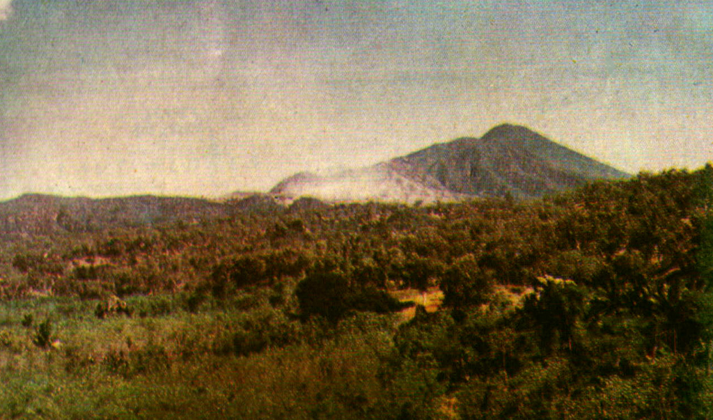 The Gunung Sirung volcanic massif rises to the south of the villages of Kaka and Mauta.  The historically active cone is located at the NE end of a 14-km-long chain of volcanic centers that forms a peninsula extending south into the Sawu Sea.  The light-colored area (right center) is a fumarole field near Airmama village.  Gunung Sopak, the 1318 m high point of the massif, forms the peak at the upper right. Photo courtesy of Volcanological Survey of Indonesia, 1990.
