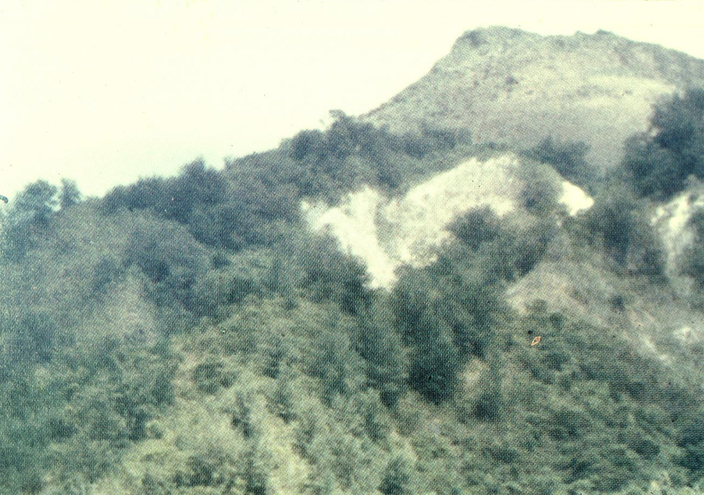 The summit of Gunung Serua volcano is seen here from the village of Lesluru on its eastern flank.  Serua, also known as Legatala, is elongated in a NW-SE direction and capped by a summit lava dome. Photo courtesy of Volcanological Survey of Indonesia, 1978.