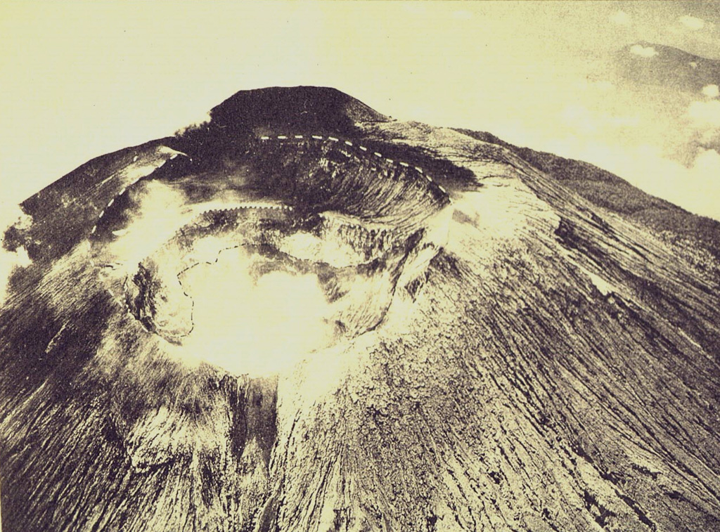 An aerial view of Slamet from the SW shows the summit crater, which is 450 m wide and more than 150 m deep at the time of this photograph. Photo published in Taverne, 1926 