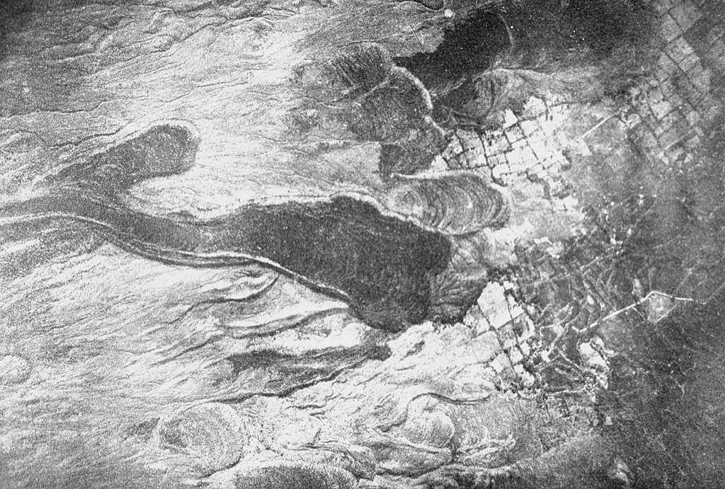 Lava flows, some of historical age, on the SE flank of Guntur volcano, encroaching on cultivated fields. Prominent flow levees are visible on the youngest lava flow that was emplaced over levees of older flows. Photo published in Taverne, 1926 