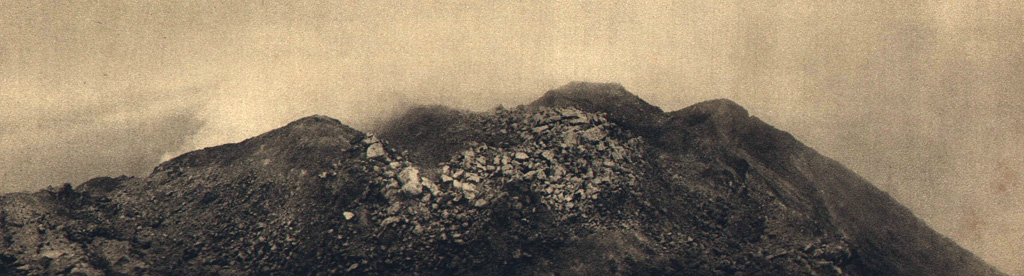 A lava dome occupies the summit of Ebulobo volcano, also known as Keo Peak, as seen here from the south in 1929. Photo published in Kemmerling 1929, 